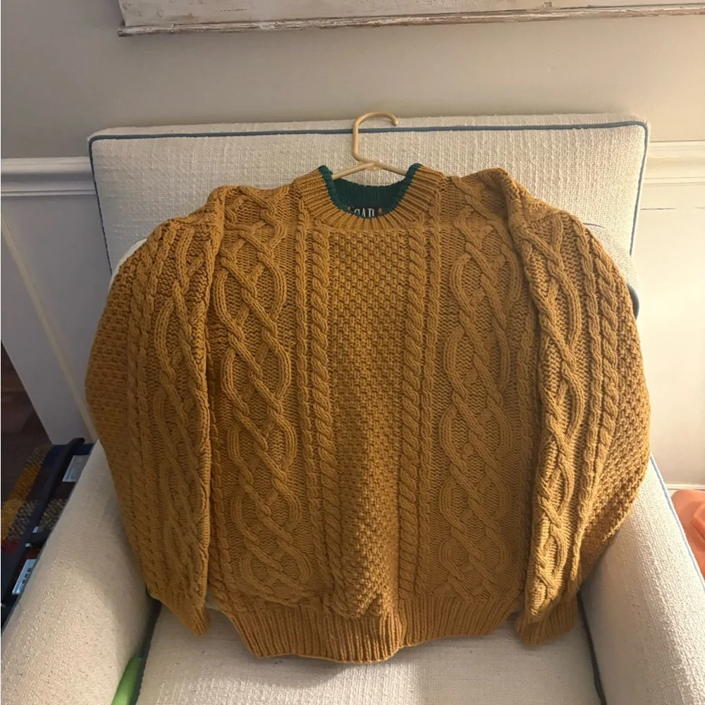 Vintage GAP Mustard Chunky Cable Knit Crewneck Sweater 100% Cotton - Picture 2 of 4